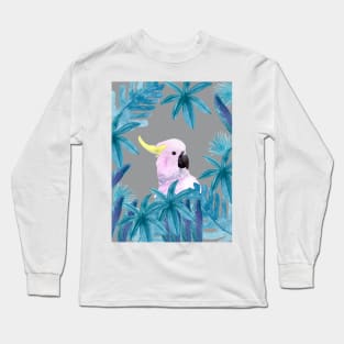 Cockatoo with tropical leaves in watercolor and an ultimate gray background Long Sleeve T-Shirt